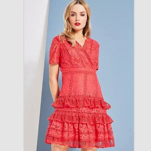 French Connection Red Lace Ruffled Layered Arta Tiered Sleeve Women Dress Size 8